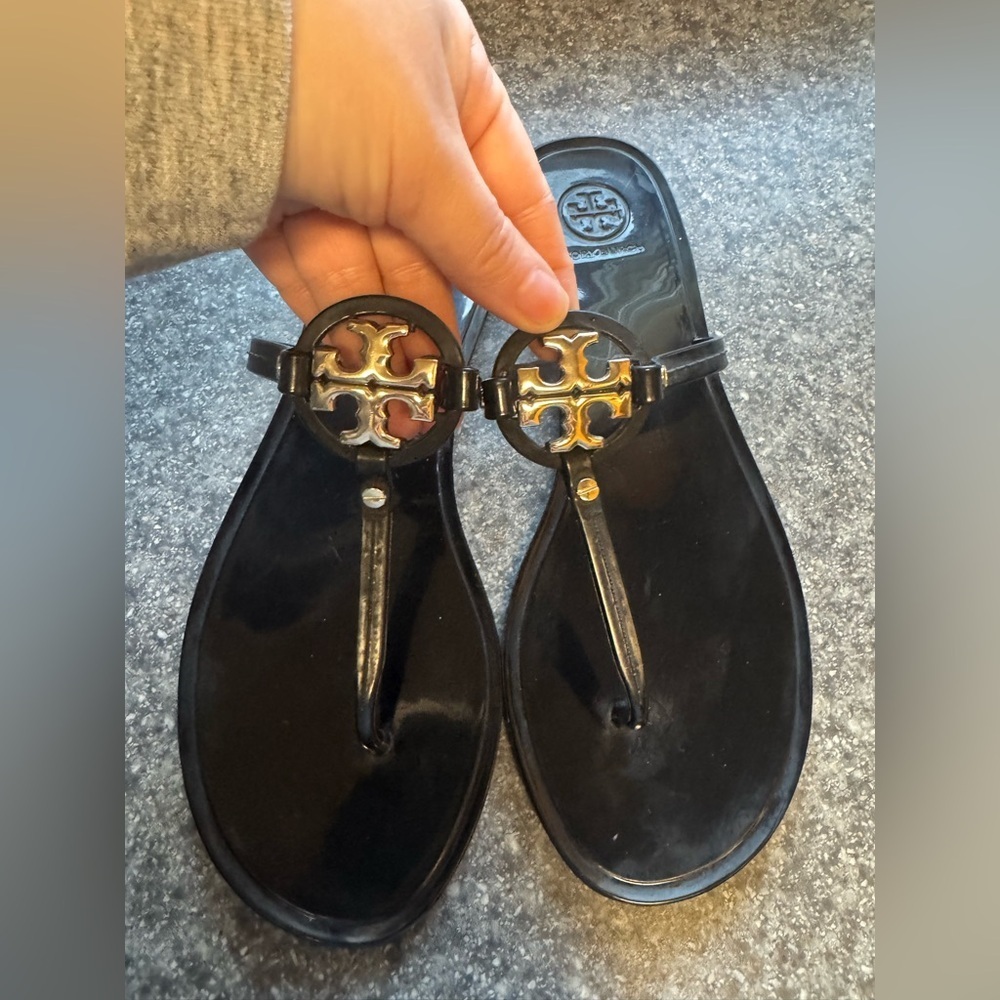 Tory Burch Black Patent Jelly Miller Thong Sandals with Gold Logo